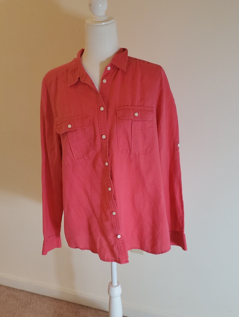 Express Coral Button-Up Roll Sleeve Utility Shirt